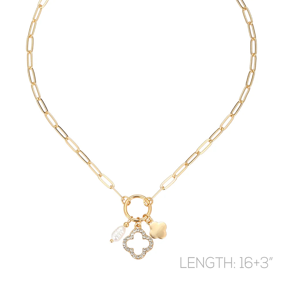 Gold Chain with Open Clover and Pearl Charm