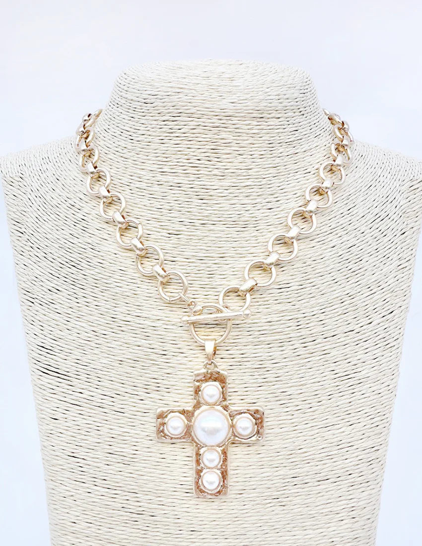 Gold Circle Chain with 1.75" Cross with Pearl Accents