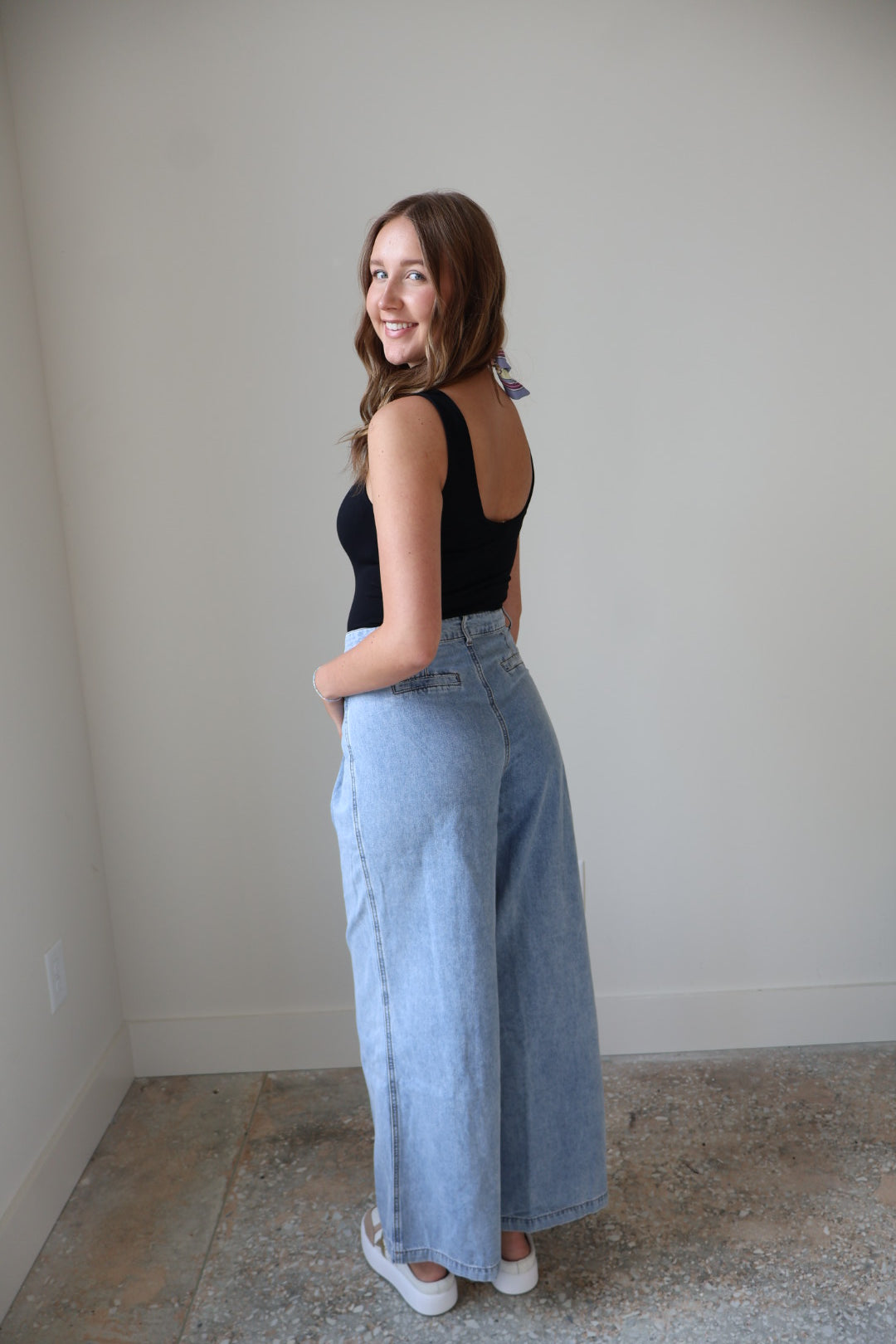 Pleated Wide Leg Denim