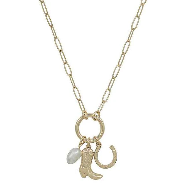Gold Cowboy Boot, Pearl, and Horseshoe Charm
