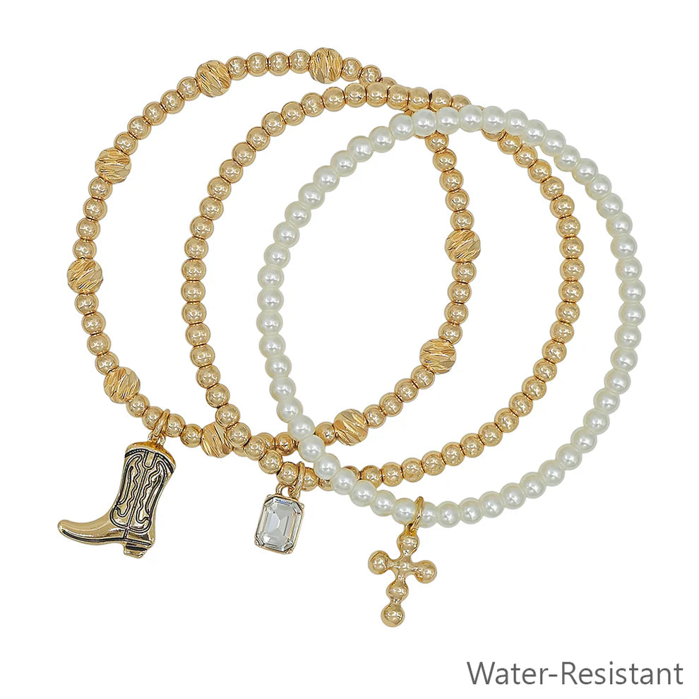 Water Resistant Set of 3 Pearl and Cowboy Charm Stretch Bracelets