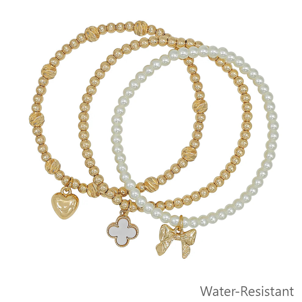 Water Resistant Set of 3 Pearl and Clover Charm Stretch Bracelets