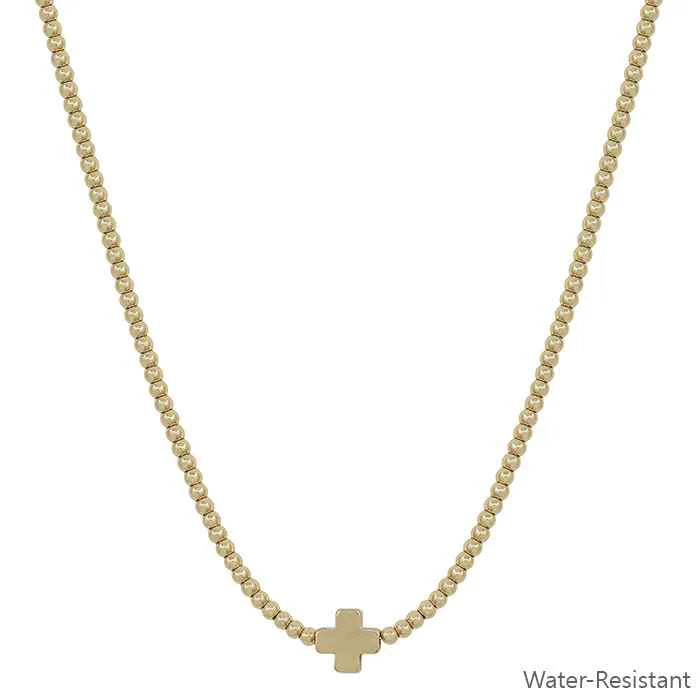 Water Resistant Gold Beaded Chain with Gold Cros