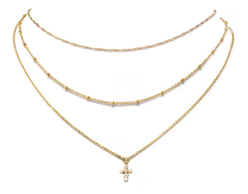 Gold Dainty Chain with Pearl Cross Layered