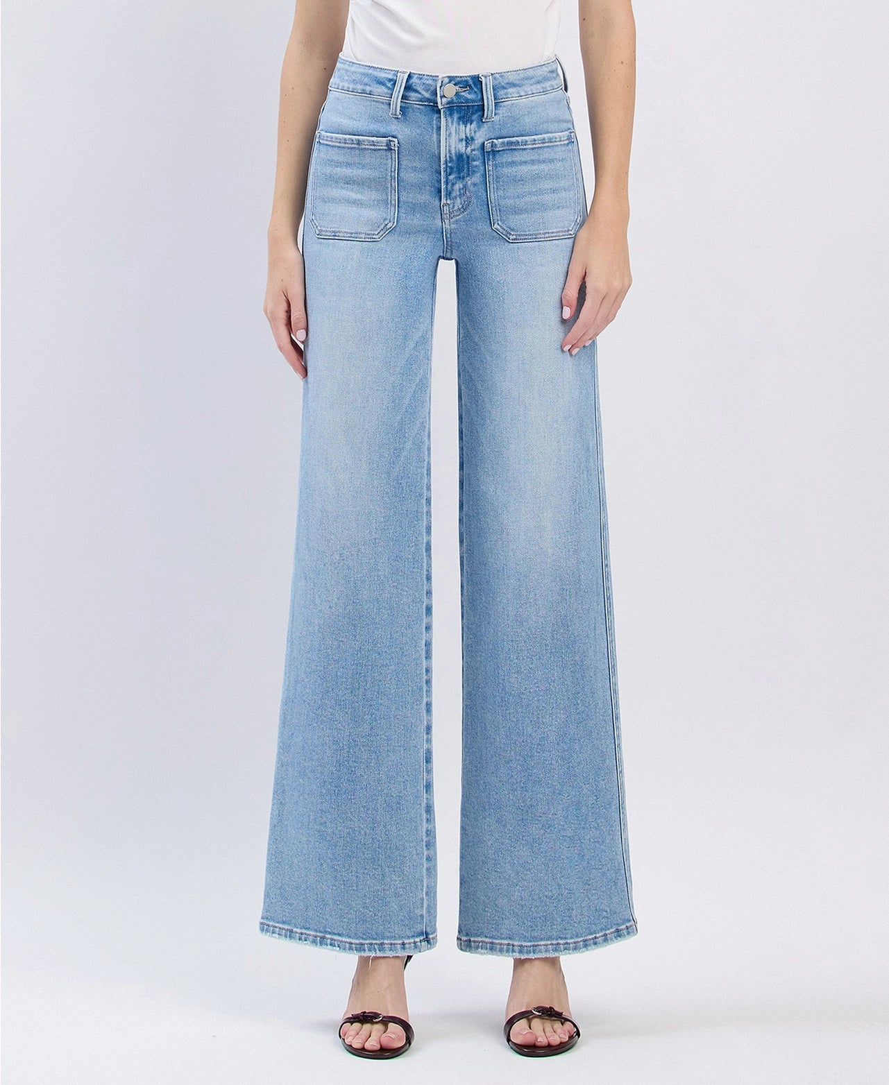High Rise Patch Pocket Wide Leg Jeans