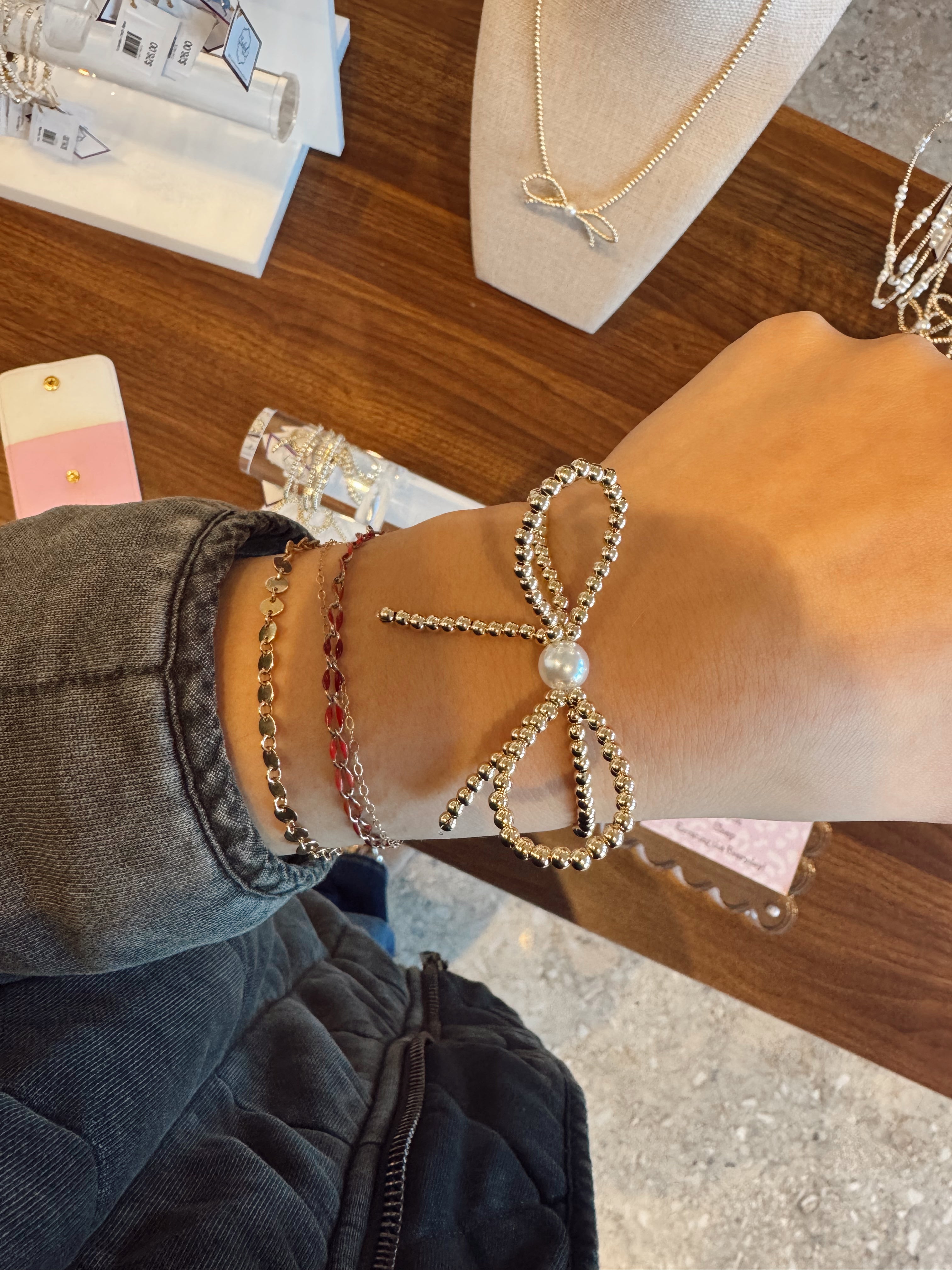 Gold Bow Bracelet with Pearl