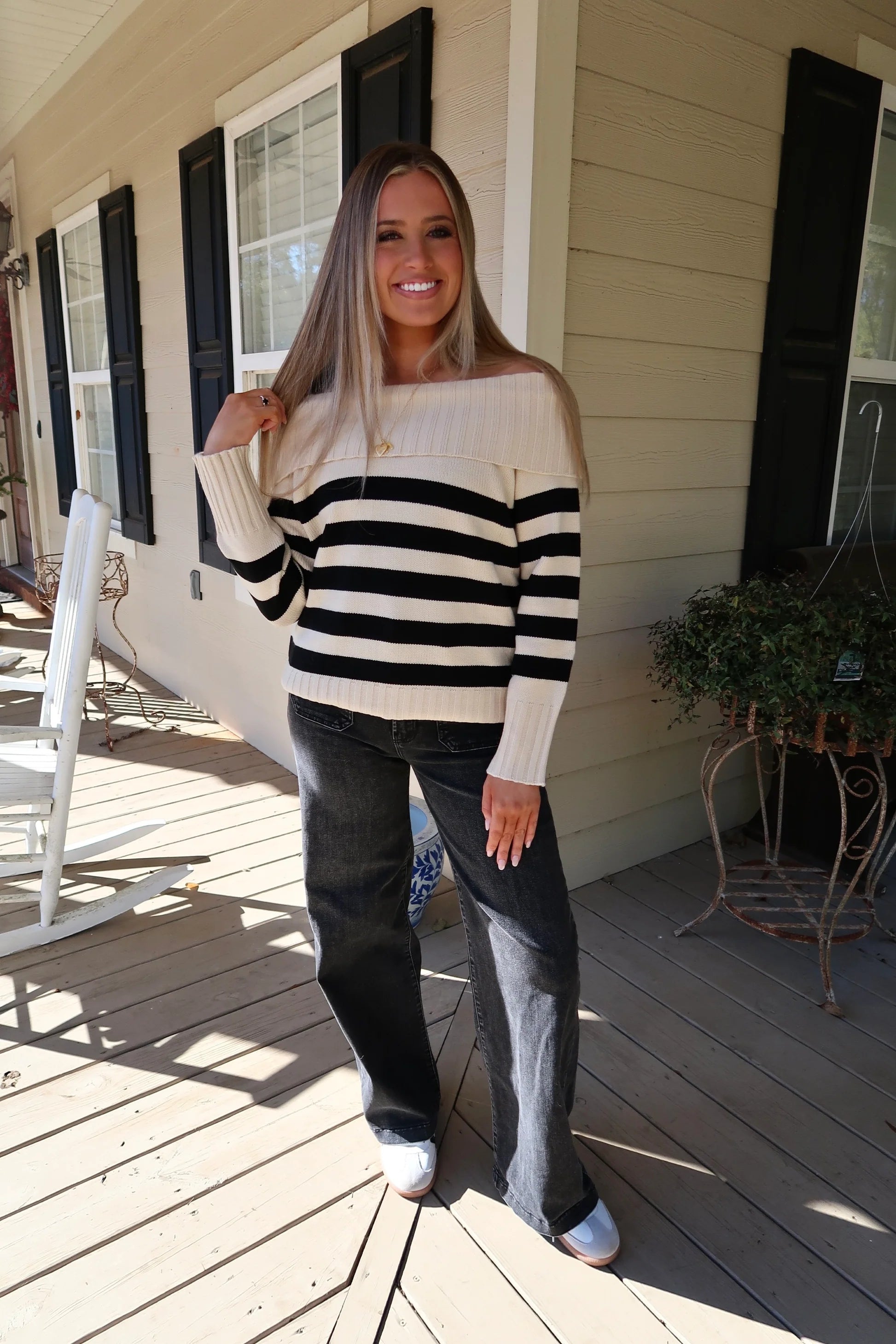 Stripe off the shoulder sweater