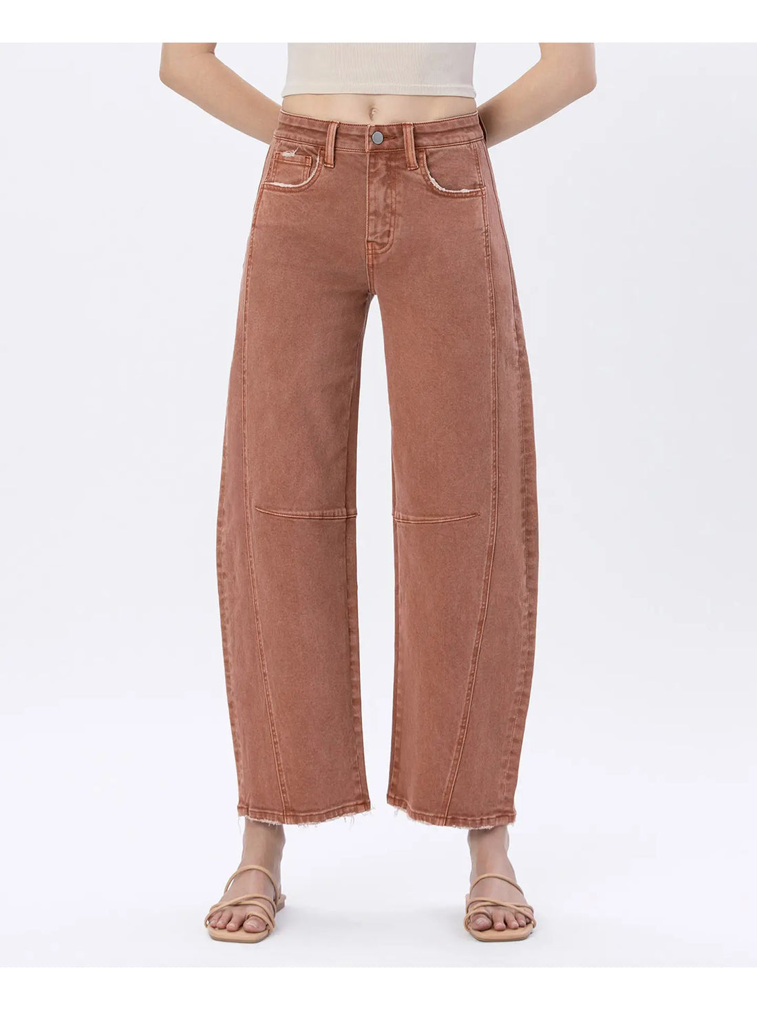 High Rise Copper Color Twist Barrel Jeans