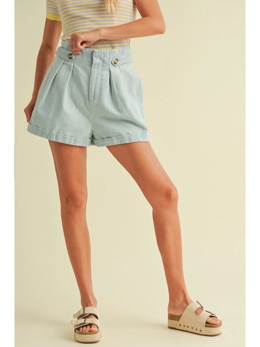 Pleated Denim Shorts