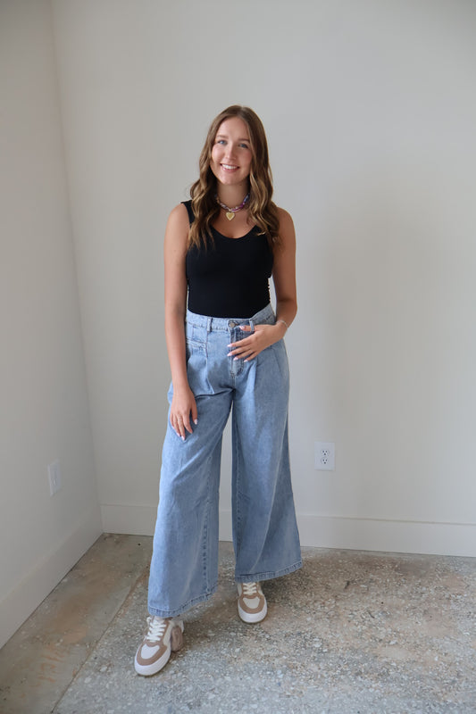 Pleated Wide Leg Denim