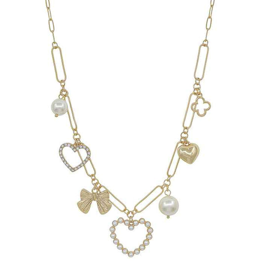 Gold Pearl Heart, Bow, and Pearl Multi Charm