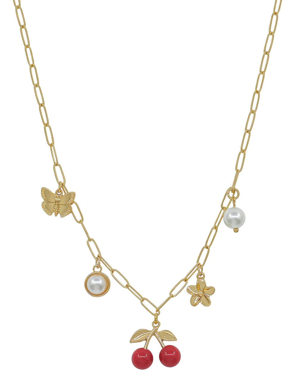 Gold Chain with Cherries, Pearl, Flower Charms