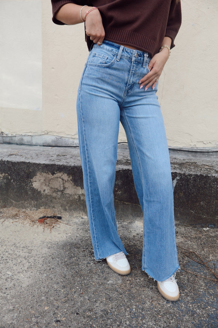 High Rise Clean Cut Raw Hem Wide Jeans