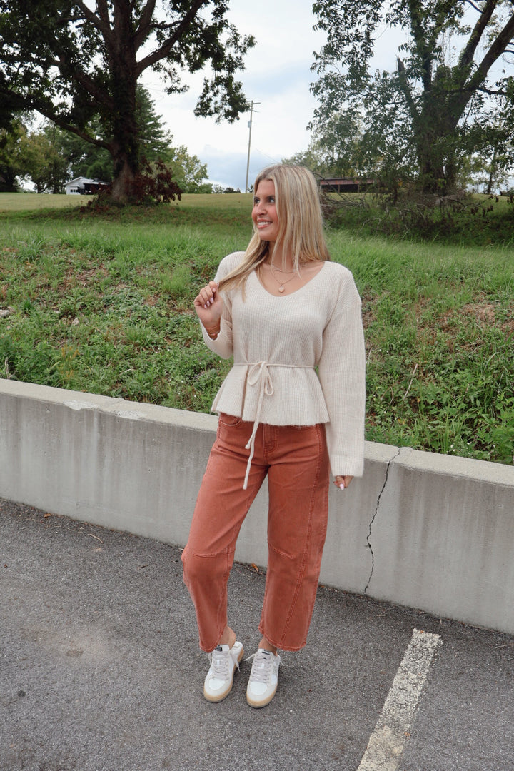 High Rise Copper Color Twist Barrel Jeans