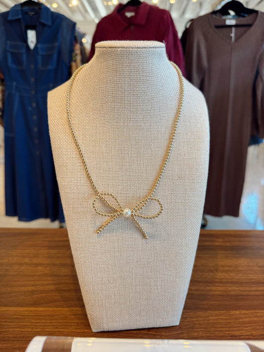 Gold Bow Necklace Pearl Accent