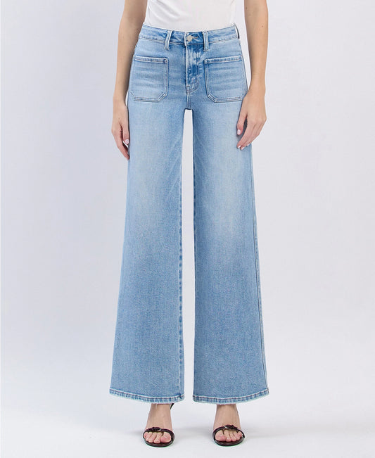 High Rise Patch Pocket Wide Leg Jeans