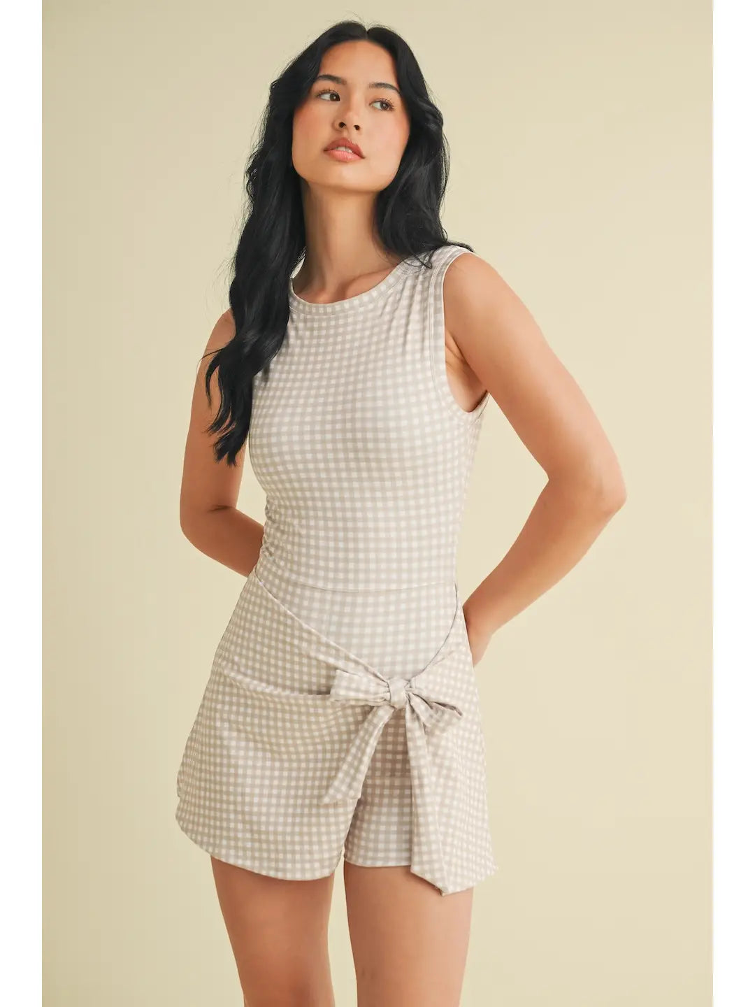 Beige Gingham Wrap Dress